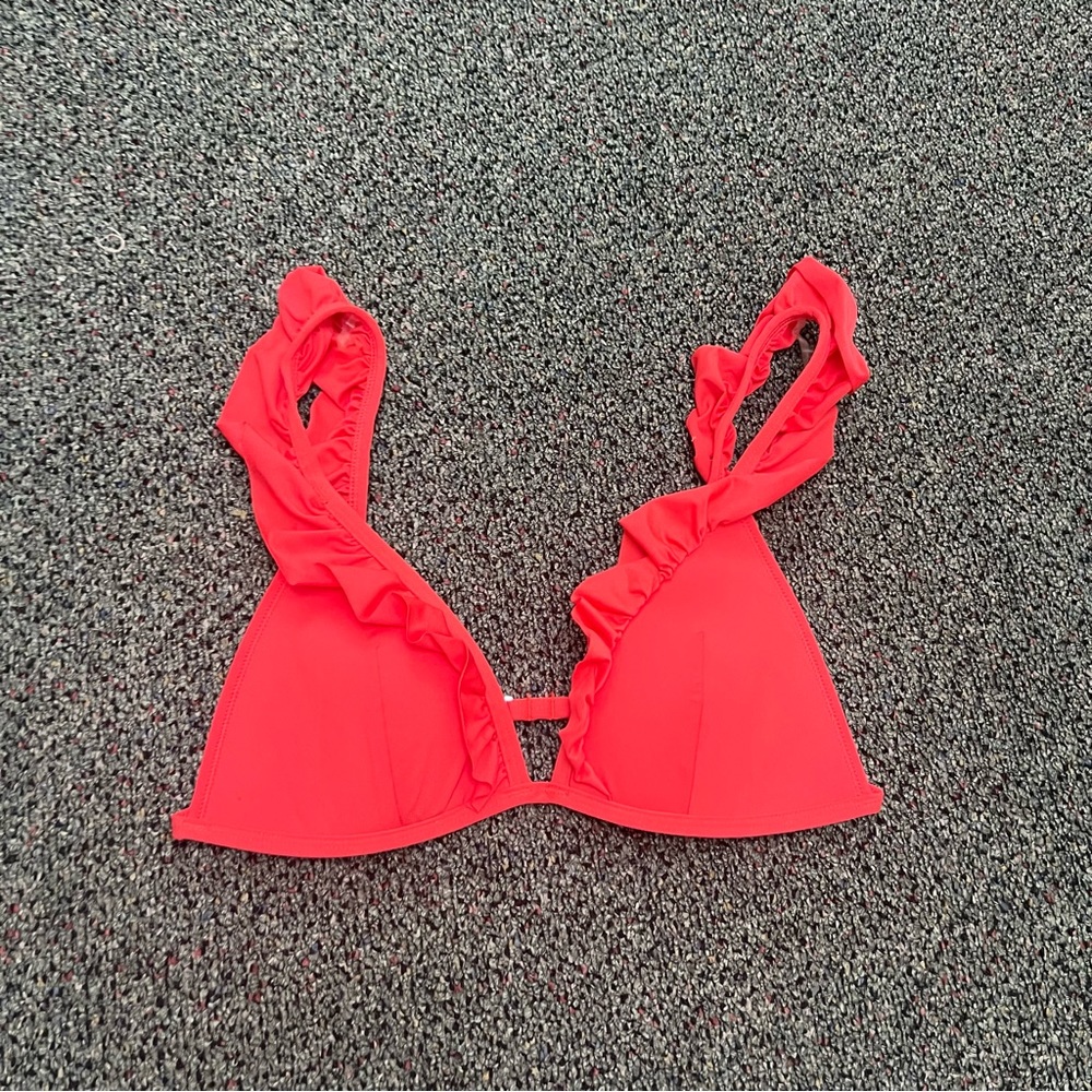 H&M Red Ruffle Shoulder Triangle Bikini Top Casual Flirty Swimwear Bathing Suit - Picture 4 of 12